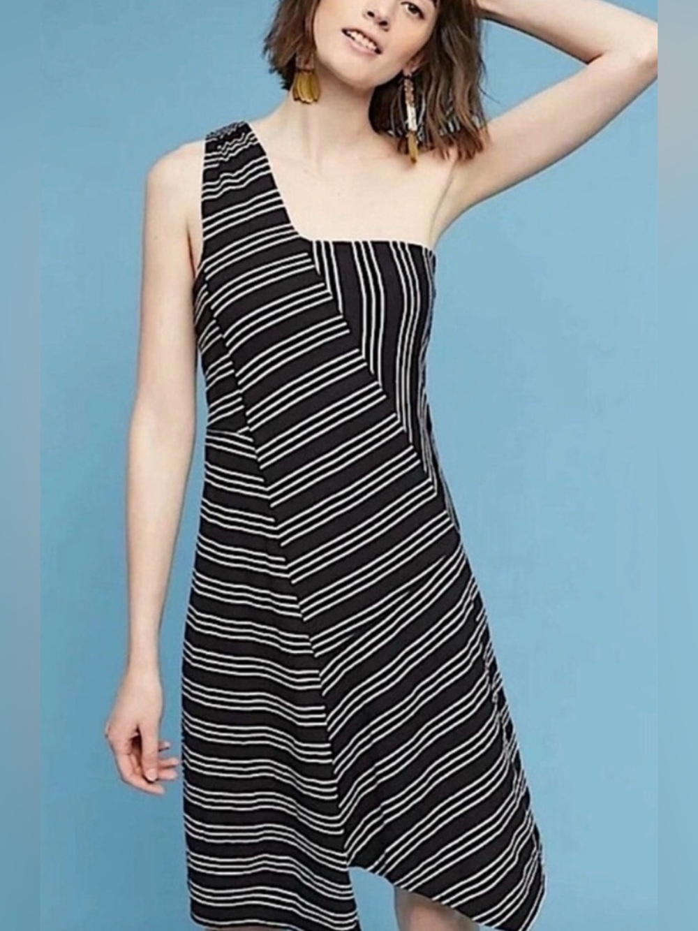 NWT New Anthropologie Maeve Moke One Shoulder Black White Striped XS Midi